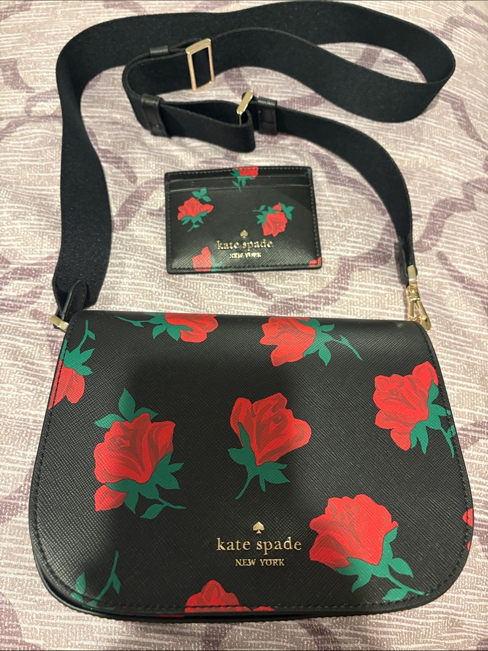 kate spade Black Red Rose Crossbody with Card Holder
